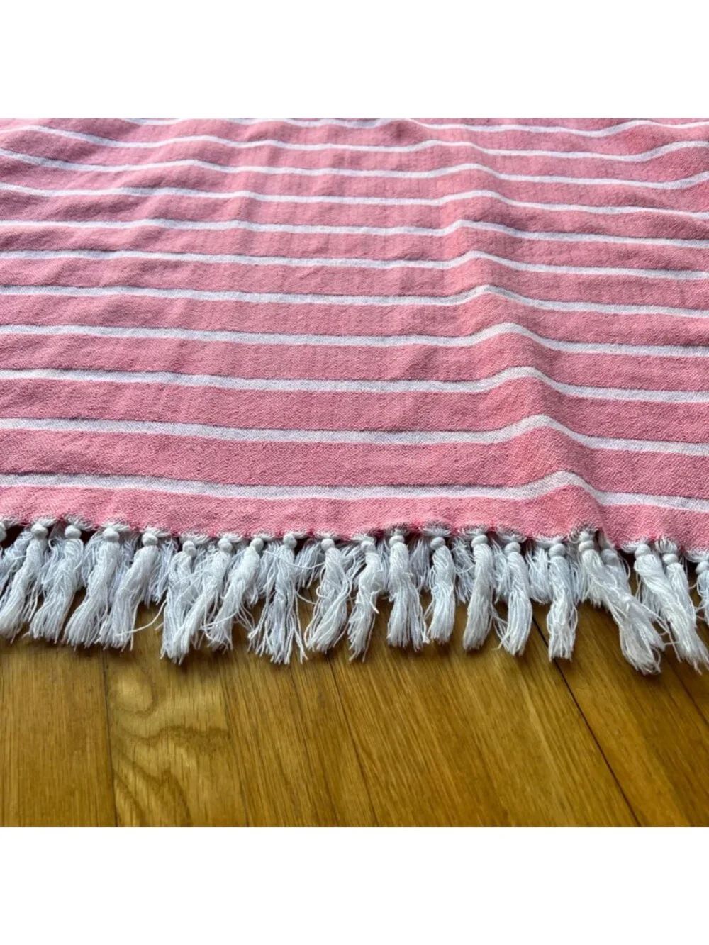 Jennifer Shamam OS Pink & White Striped Hand Woven Tassel Kaftan Beach Cover Up